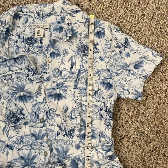 Rachel Zoe White and Blue Safari Linen Blend Midi Shirt Dress with Waist Tie - Picture 7 of 10